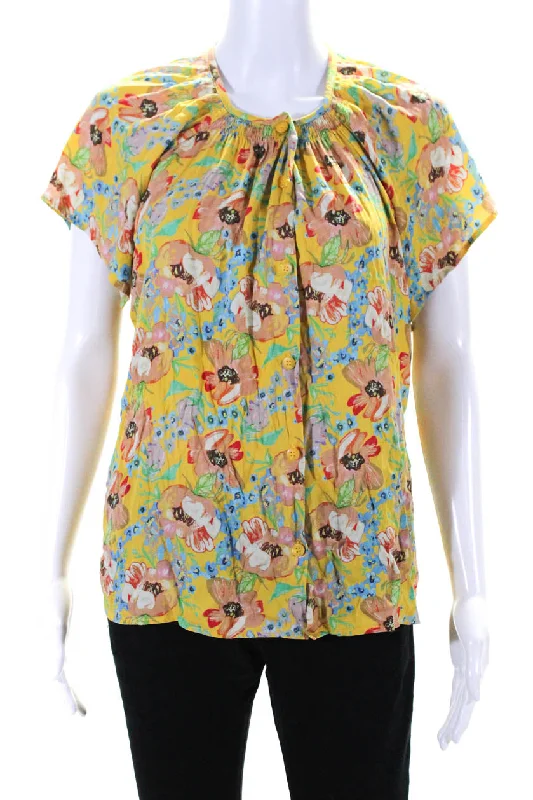Tucker Womens Silk Floral Print Button Up Short Sleeve Blouse Yellow Peter Pan Collar Blouse Tucker Womens Silk Floral Print Button Up Short Sleeve Blouse Yellow Peter Pan Collar Blouse