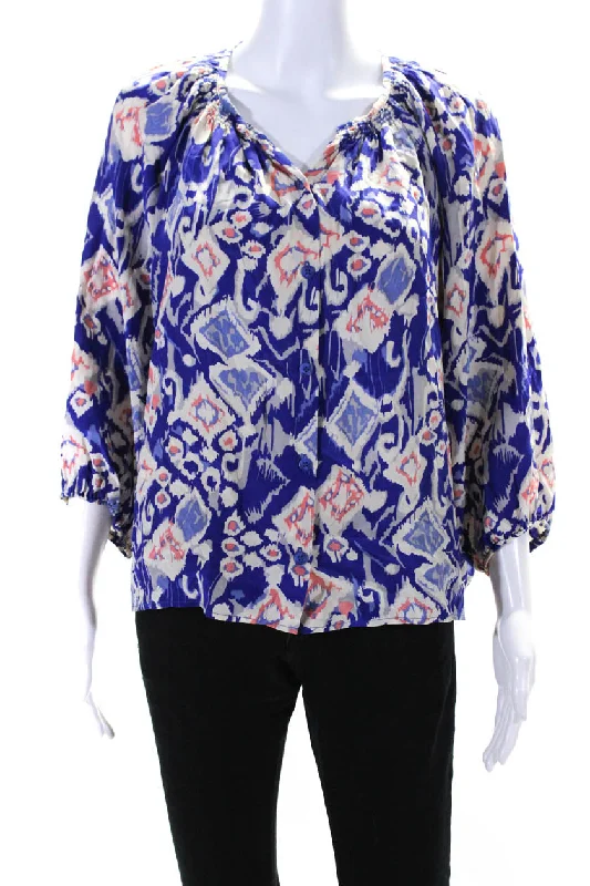 Tucker Womens Silk Ikat Print Long Sleeve V Neck Blouse Blue Cotton Casual Blouse