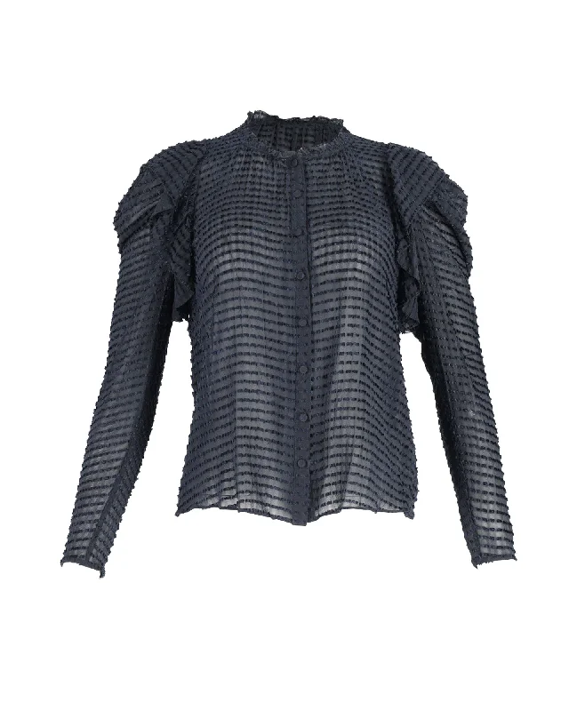 Ulla Johnson Fiona See-Through Blouse in Navy Blue Silk Stretchy Fitted Blouse
