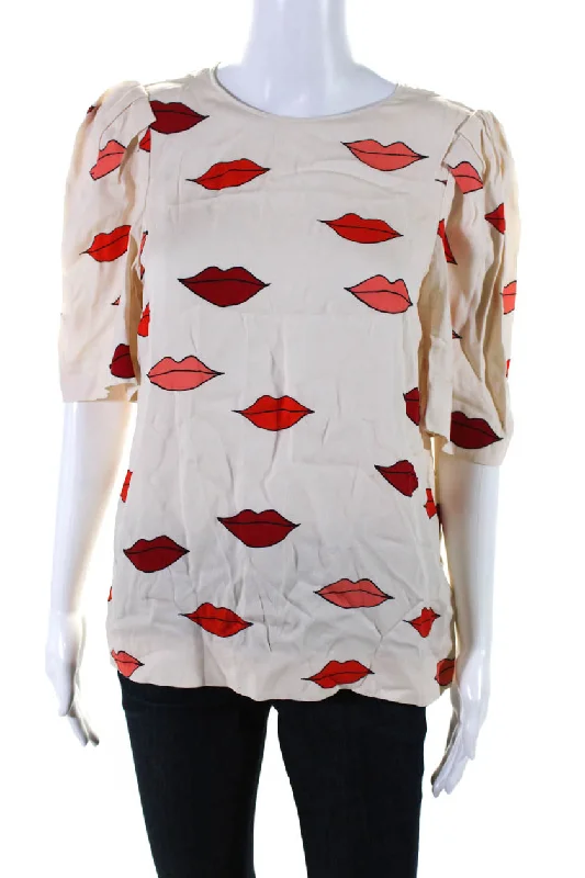 Victoria Victoria Beckham Women's Printed Short Sleeve Blouse Beige Elegant Embroidery Blouse Victoria Victoria Beckham Women's Printed Short Sleeve Blouse Beige Elegant Embroidery Blouse