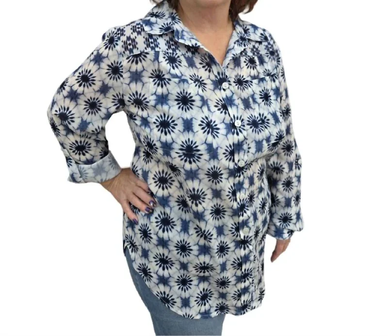 Wear 2 Ways Printed Combo Crepe Blouse In Denim Business Casual Blouse