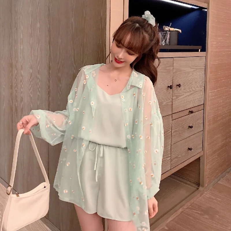 Women Sets Chic Purple Korean Sweet Summer Sun-proof Teens 3 Piece Set Floral Long Sleeve Blouse Chic High Waisted Womens Shorts Semi-Sheer Blouse Women Sets Chic Purple Korean Sweet Summer Sun-proof Teens 3 Piece Set Floral Long Sleeve Blouse Chic High Waisted Womens Shorts Semi-Sheer Blouse