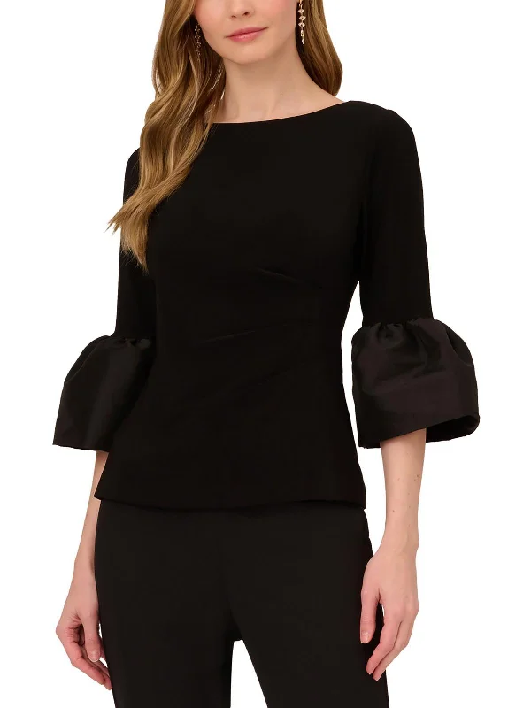Womens Boatneck Pleated Blouse Stretchy Fitted Blouse