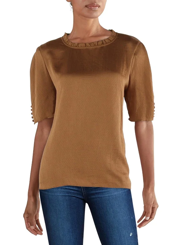 Womens Crepe Ruffled Neck Blouse Frilled Cuff Blouse