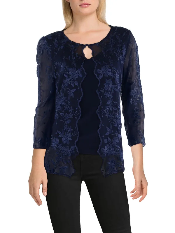 Womens Embroidered Lace Overlay Blouse Floral Chiffon Blouse