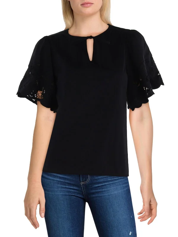Womens Embroidered Tie Neck Blouse Gathered Detail Blouse