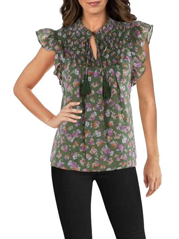 Womens Floral Ruffled Blouse Collared Satin Blouse