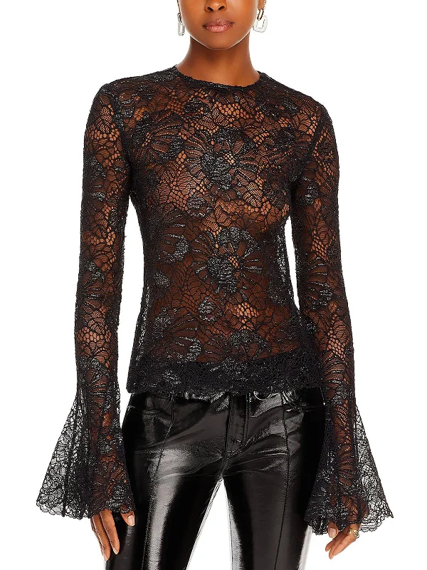 Womens Lace Flutter Sleeve Blouse Delicate Pleat Blouse