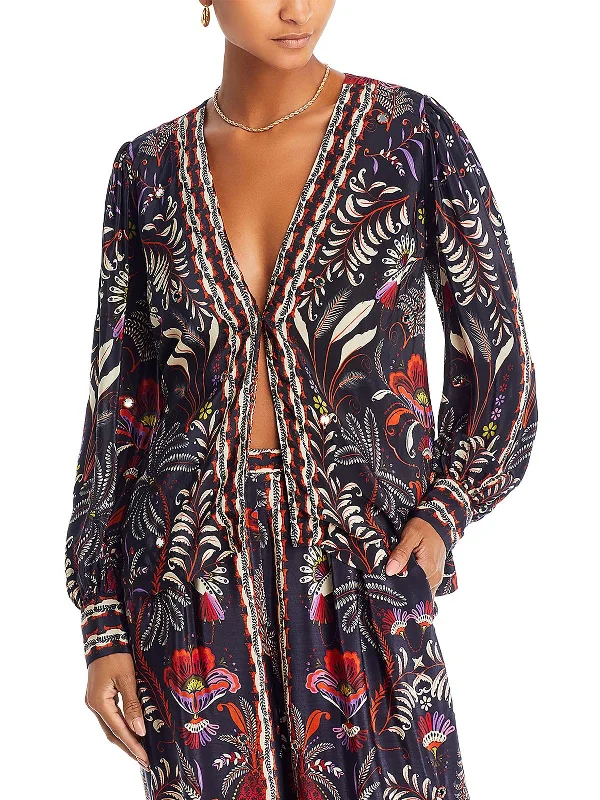 Womens Printed Embellished Blouse Chic Sleeveless Blouse
