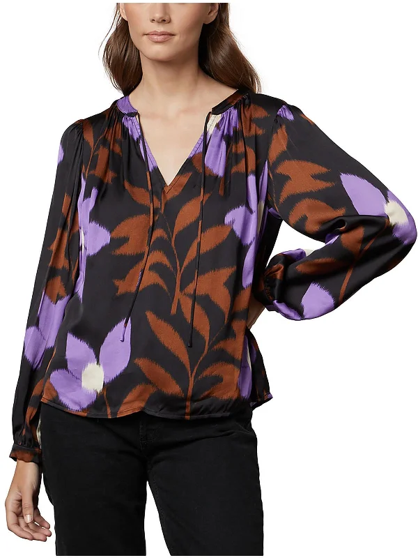 Womens Printed Tie Neck Blouse Textured Cotton Blouse