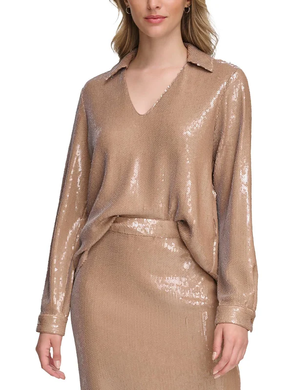 Womens Sequined Collared Blouse Cotton Casual Blouse