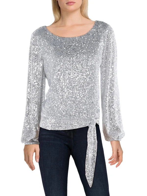 Womens Sequined Tie Front Blouse Vintage Lace Blouse