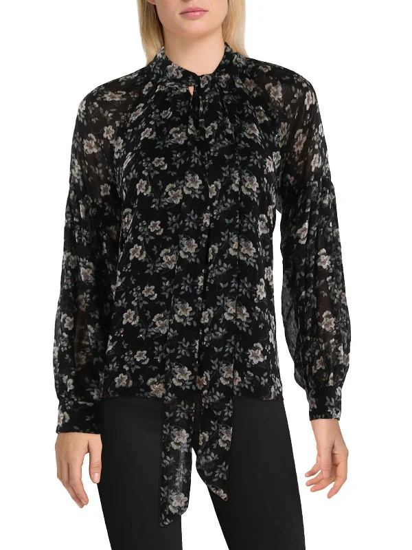 Womens Tie Neck Metallic Blouse Embellished Collar Blouse