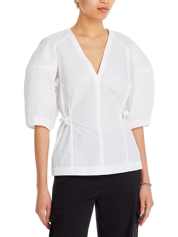Womens V-Neck Puff Sleeve Blouse Loose Fit Blouse
