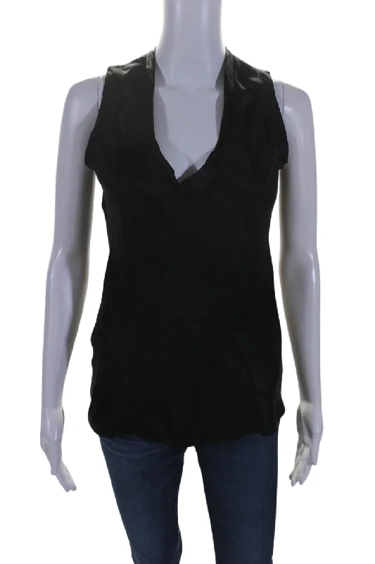 Yves Saint Laurent Womens Sleeveless V Neck Silk Top Blouse Black Side Tie Blouse