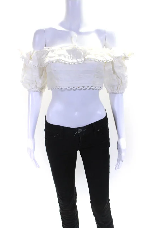 Zimmermann Womens Linen Tiered Round Neck Short Sleeve Zip Blouse White Delicate Pleat Blouse