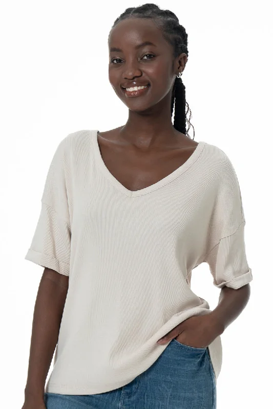 Boxy T-Shirt _ 145725 _ Stone Collared Crew Neck Turtle Neck