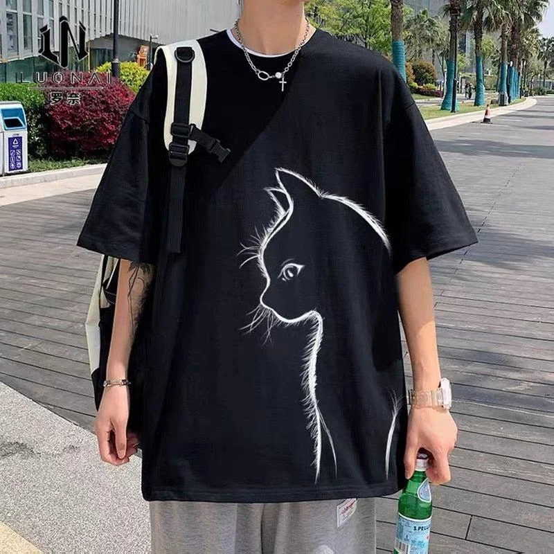 Front Printed Cat Tee Notch Collar Peter Pan Collar Cowl Neck