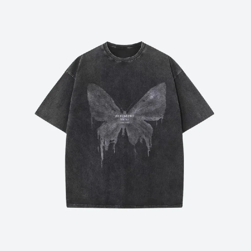 Grunge Distressed Butterfly Tee Denim Fabric Leather Fabric Suede Fabric