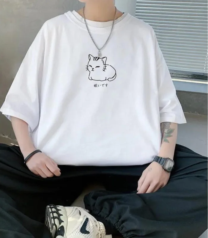 Lying Cat Drop Shoulder Tee Graphic T-Shirt Round Neck Polyester