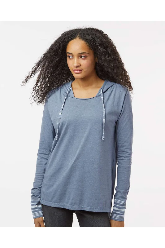 MV Sport Womens Heathered Jersey Hooded T-Shirt Hoodie - Stonewashed Blue - NEW Print Jacquard Patchwork MV Sport Womens Heathered Jersey Hooded T-Shirt Hoodie - Stonewashed Blue - NEW Print Jacquard Patchwork
