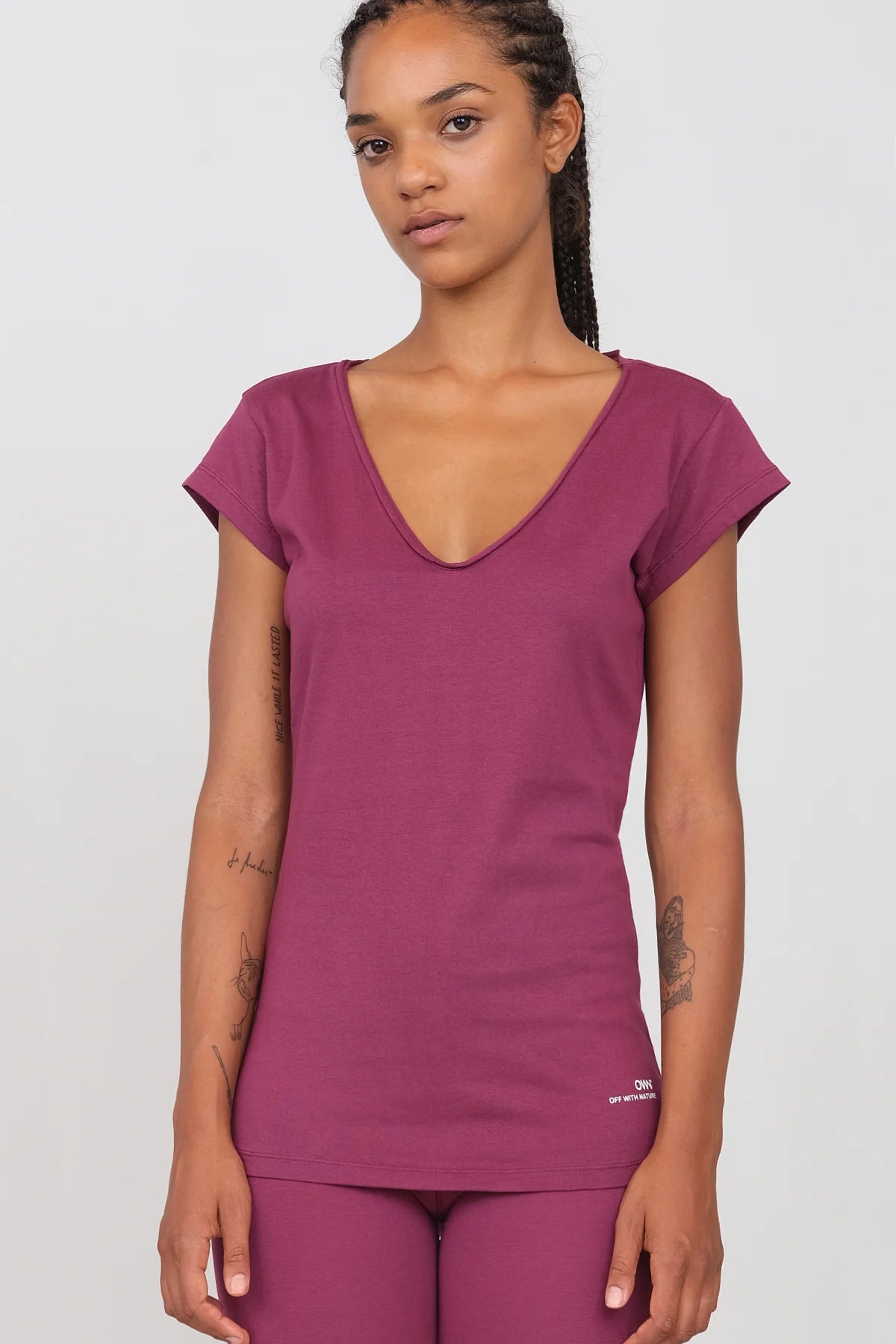 Women's Soft V-Neck T-Shirt Grape Ribbed Striped Patterned