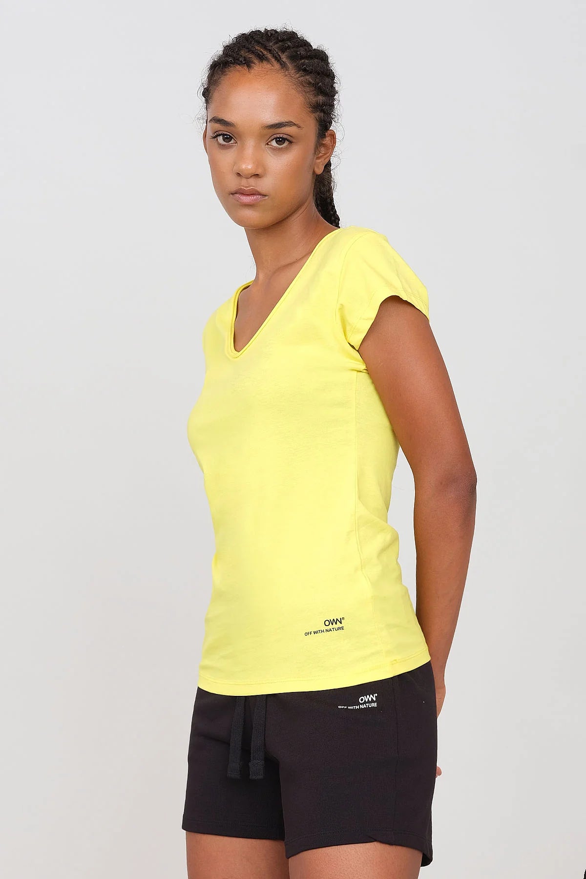 Women's Soft V-Neck T-Shirt Yellow Anti-Pilling Machine Wash Handmade