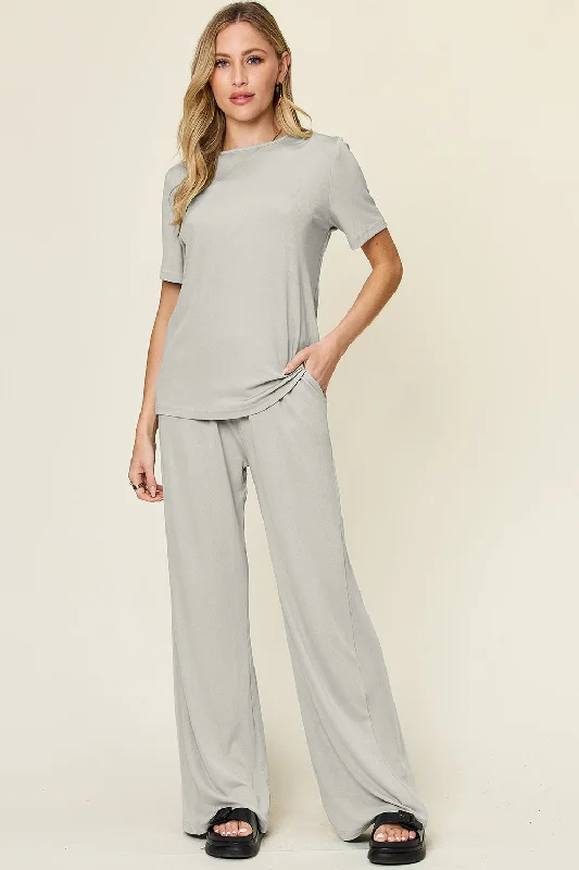 Round Neck Short Sleeve T-Shirt and Wide Leg Pants Set Anti-Shrink Durable Soft