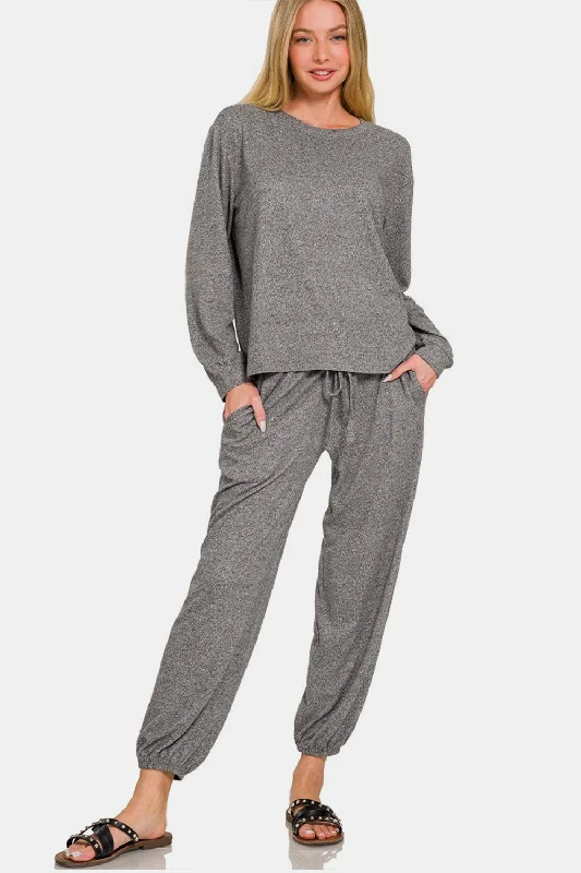 Round Neck T-Shirt and Joggers Set Notch Collar Peter Pan Collar Cowl Neck