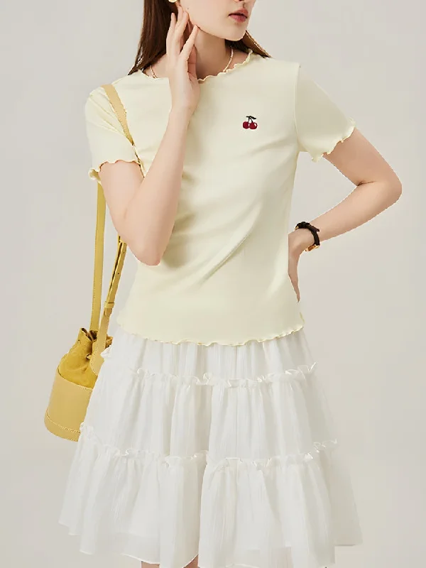 Soft Girl Cherry Lettuce Edge Tee Rayon Velvet Corduroy