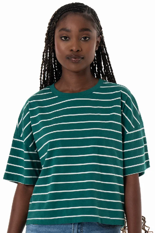 Stripe Boxy T-Shirt _ 152281 _ Green Thin T-Shirt Open Front Quick Dry