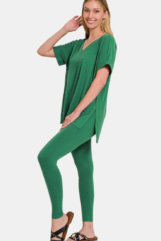 V-Neck Rolled Short Sleeve T-Shirt and Leggings Lounge Set Cotton Fabric Linen Fabric Terry Fabric