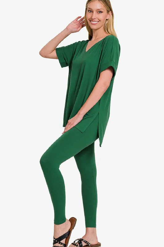 V-Neck Rolled Short Sleeve T-Shirt and Leggings Lounge Set Welt Pockets Slit Pockets Flap Pockets