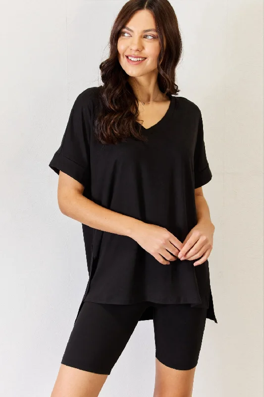 V-Neck Short Sleeve Slit T-Shirt and Shorts Set Rayon Fabric Velvet Fabric Corduroy Fabric