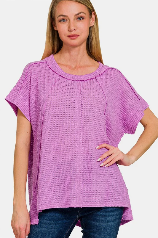 Waffle Exposed-Seam Short Sleeve T-Shirt Print Jacquard Patchwork