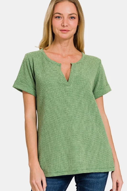 Waffle Notched Short Sleeve T-Shirt Silk Blend Satin Velvet