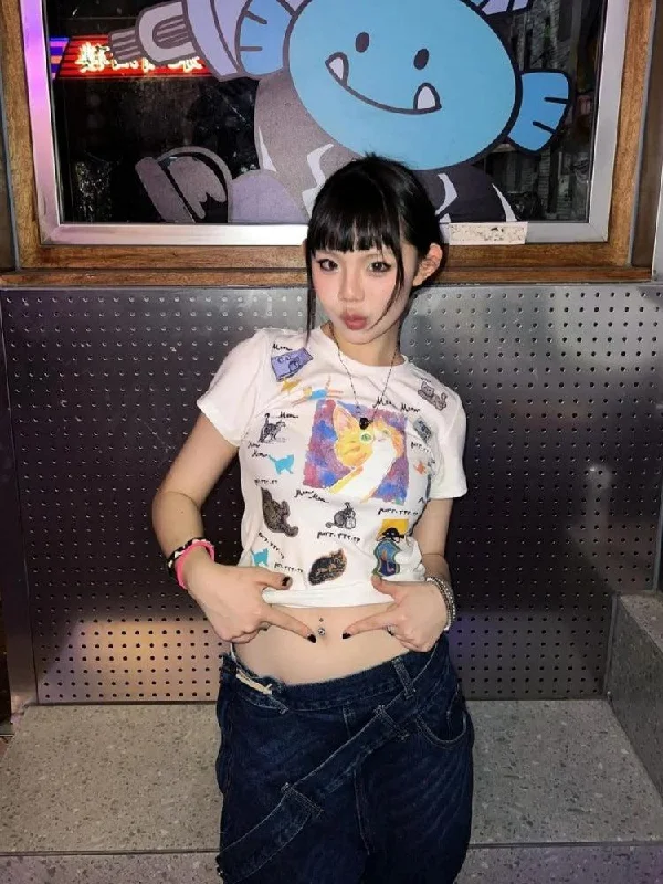Y2K Graphic Cat Tee Real Fur Shearling Chenille