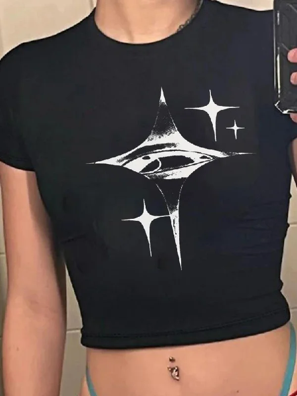 Y2K Twinkle Star Tee V-Neck T-Shirt Long Sleeve Cotton