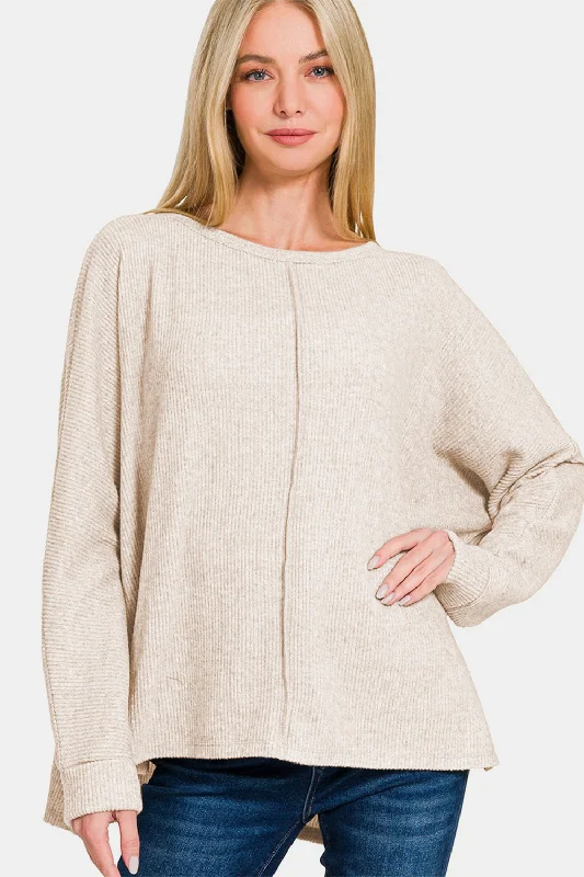 Zenana High-Low Side Slit Round Neck T-Shirt Real Fur Shearling Chenille