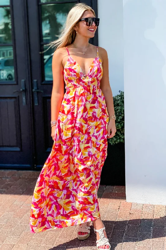 Summertime Fun Back Tie Maxi Dress - Pink Multi