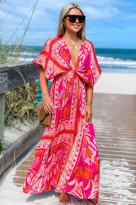 Dreaming of Paradise Tropical Print Empire Waist Maxi Dress - Orange/Fuchsia