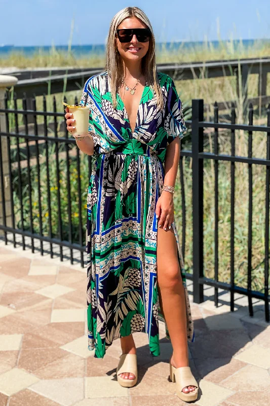 Dreaming of Paradise Tropical Print Empire Waist Maxi Dress- Navy/Green