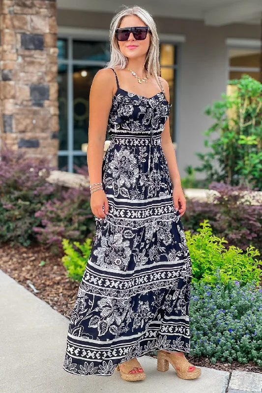 Tropical Evening Ruffle Maxi Dress - Black/White