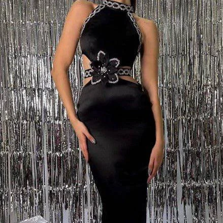 Addie Halter Neck Floral Embellished Maxi Dress Trendy Satin Maxi Dress