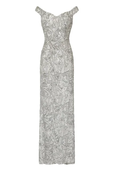 Amira Silver Luxe Love Triangle Sequin Off The Shoulder Maxi Dress Cozy Maxi Dress with Slit Amira Silver Luxe Love Triangle Sequin Off The Shoulder Maxi Dress Cozy Maxi Dress with Slit