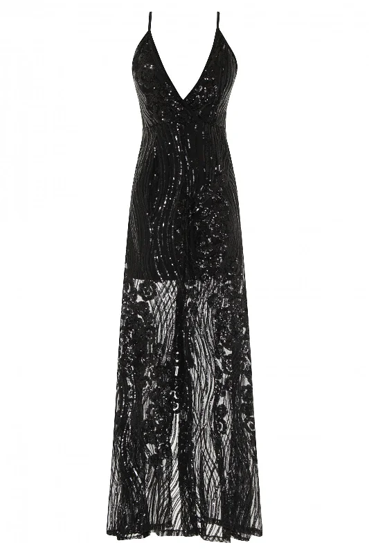Amor Black Sheer Shimmer Floral Sequin Slit Maxi Dress Stylish Long Sleeve Maxi Dress