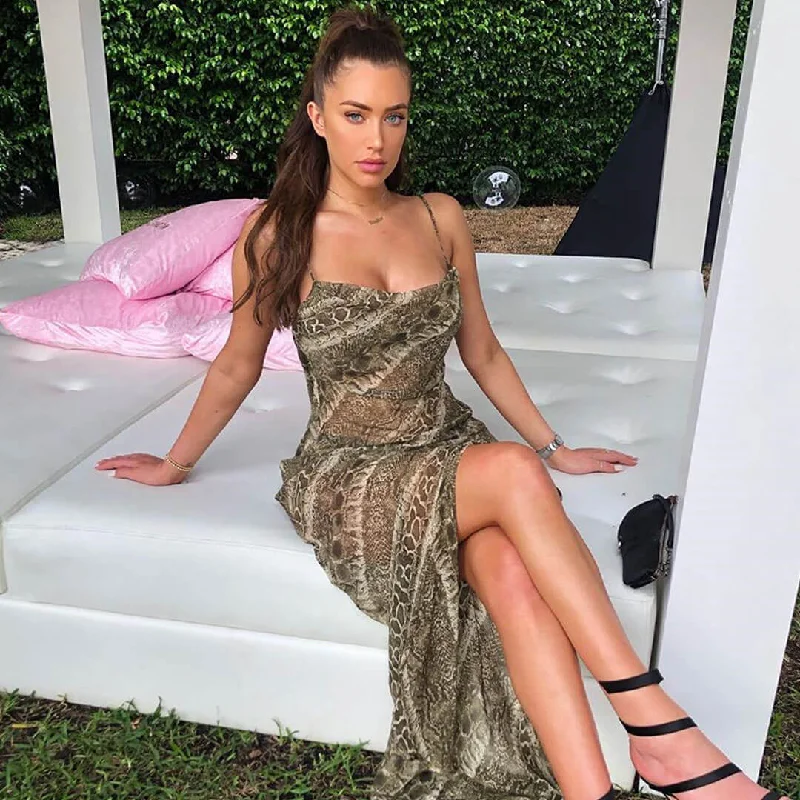 Animal Print Cowl Backless Sheer Chiffon Slit Slip Maxi Dress - Snake Cozy Maxi Dress with Slit