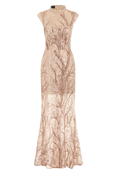 Astelle Nude Tree Effect Sequin Sheer Maxi Dress Fashionable Halter Neck Maxi Dress