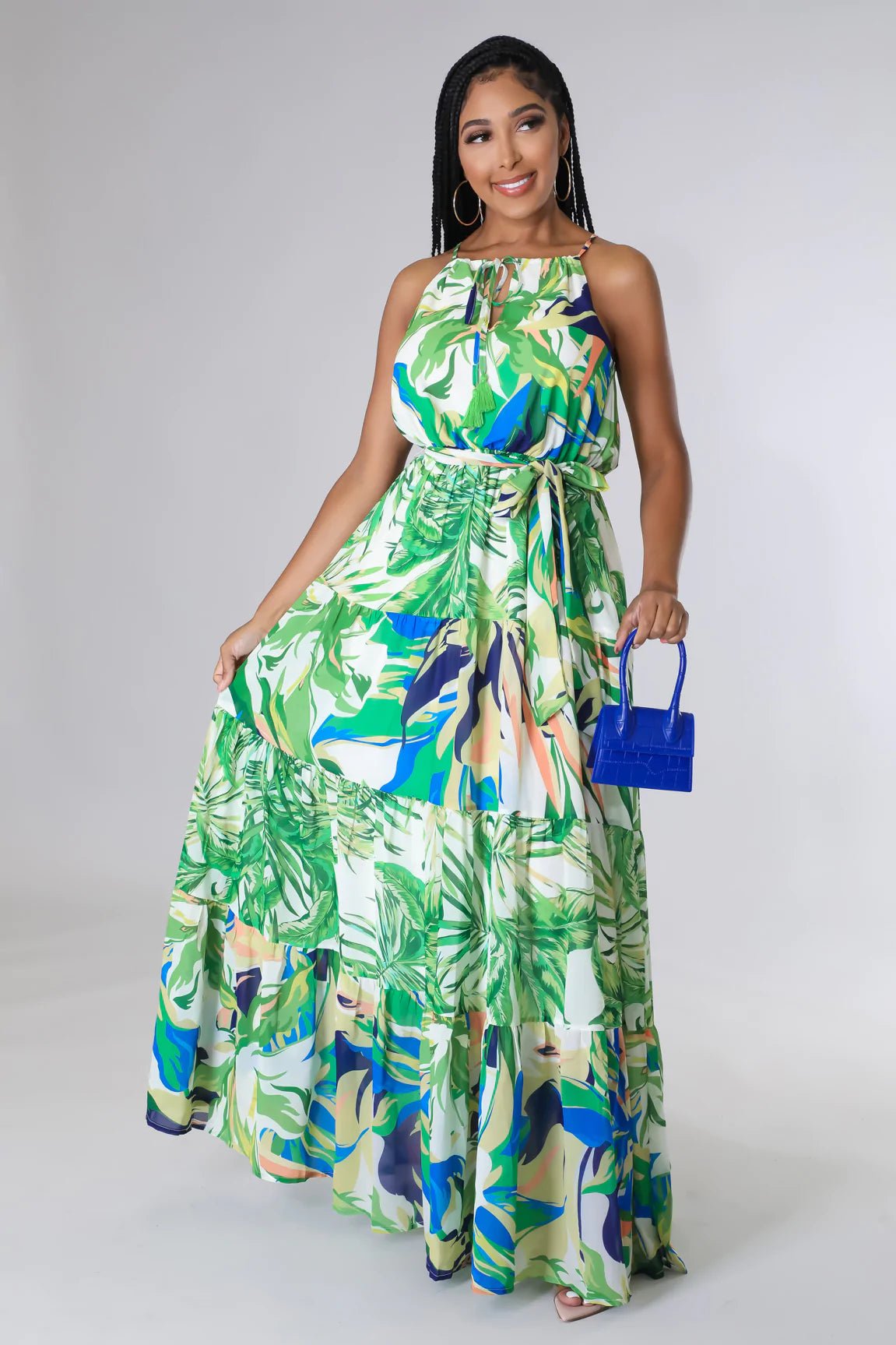 Atlantic Cove Tropical Tiered Maxi Dress Green Trendy Printed Maxi Dress