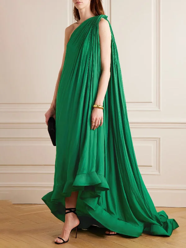 Zjkrl - Sleeveless Loose Pleated Falbala Solid Color One-Shoulder Maxi Dresses